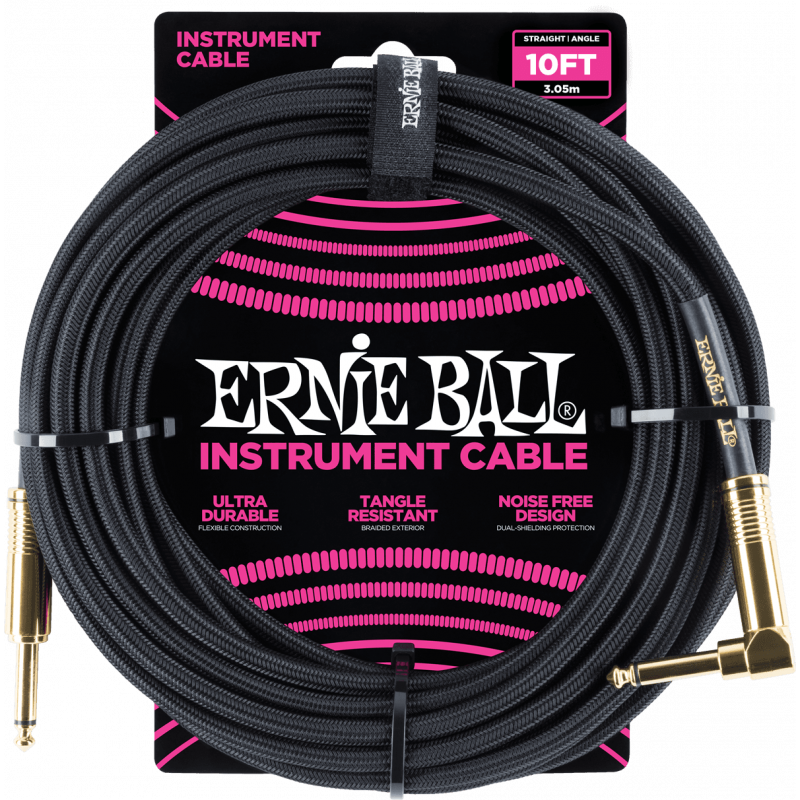 Ernie Ball 6081 - Cables instrument gaine tissée jack/jack coudé 3m noir