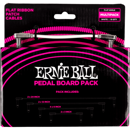 Ernie Ball 6387 - Câbles Instrument patch multipack - coudé fin et plat - blanc