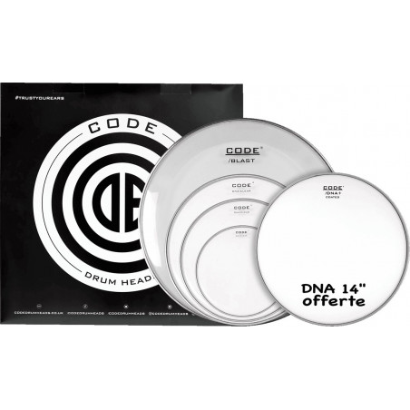 Code drumheads - Pack peaux DNA Transparente Fusion 10" 12" 14" 20" + 14" DNA offerte