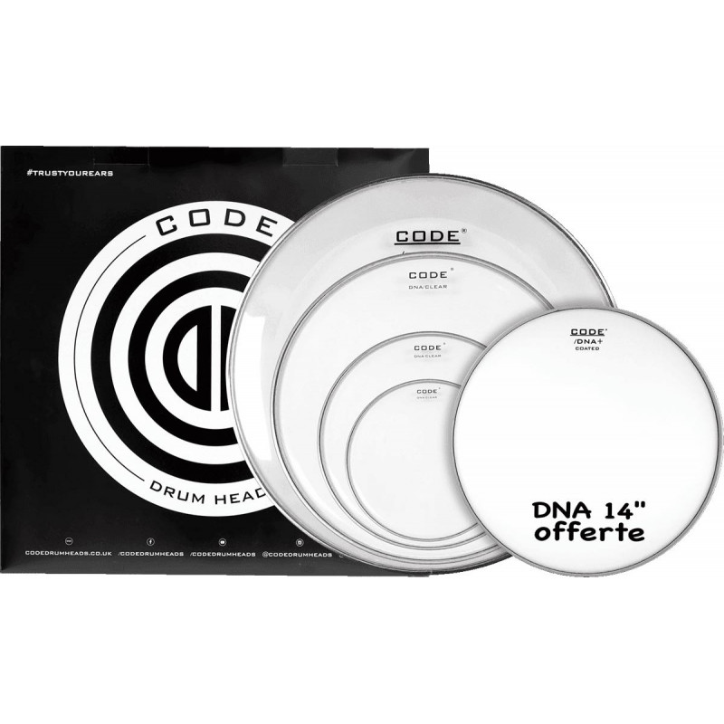 Code drumheads FPDNACLRR - Pack peaux DNA Transparente Rock 10" 12" 16" 22" + 14" DNA offerte