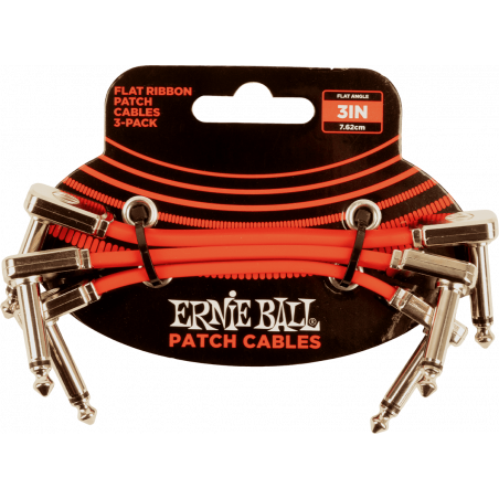 Ernie Ball 6401 - Câbles instrument patch pack de 3 - coudé fin et plat - 7,5 cm - rouge