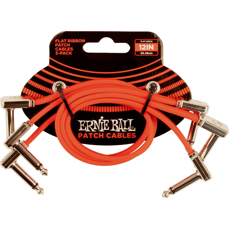 Ernie Ball 6403 - Câbles instrument patch pack de 3 - coudé fin et plat - 30 cm - rouge