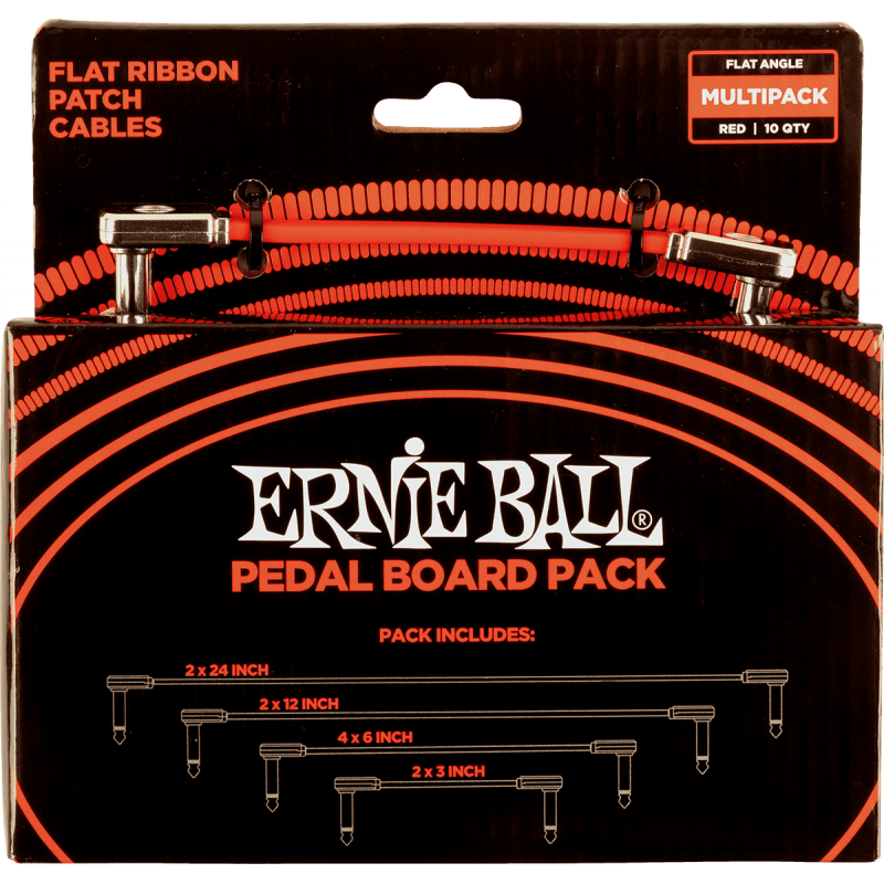 Ernie Ball 6404 - Cables instrument patch multipack - coudé fin & plat - rouge