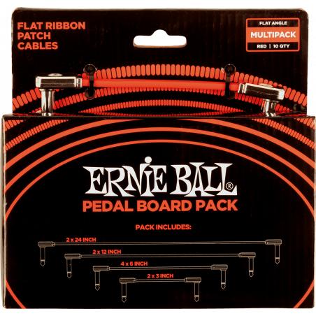 Ernie Ball 6404 - Cables instrument patch multipack - coudé fin & plat - rouge