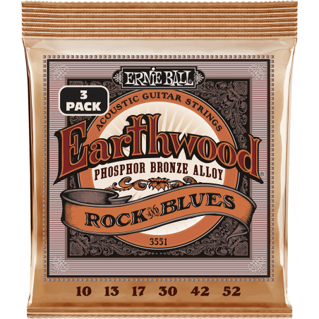 Ernie Ball 3551 - Cordes earthwood phosphore bronze rock&blues 10-52 - pack de 3
