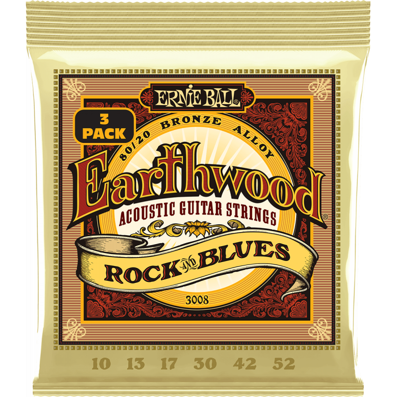 Ernie Ball 3008 - Cordes earthwood 80/20 bronze rock&blues 10-52 - pack de 3