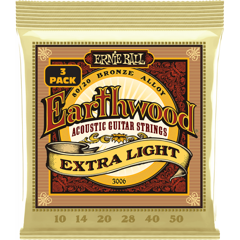 Ernie Ball 3006 - Cordes earthwood 80/20 bronze extra light 10-50 - pack de 3