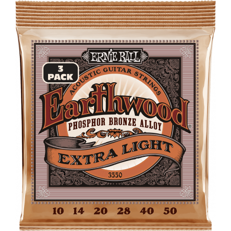 Ernie Ball 3550 - Cordes earthwood phosphore bronze extra light 10-50 - pack de 3