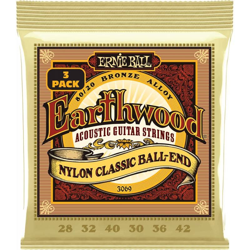Ernie Ball 3069 - Cordes earthwood 80/20 bronze folk nylon à boule 28-42  - pack de 3