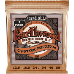 Ernie Ball 3543 - Cordes earthwood phosphore bronze custom medium 12,5-56 - pack de 3