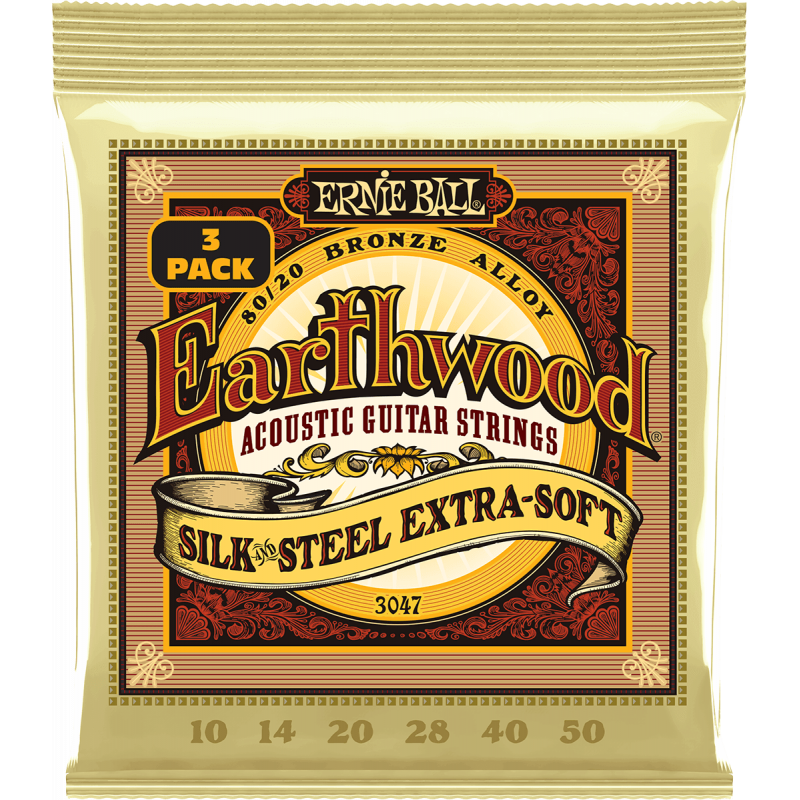 Ernie Ball 3047 - Cordes earthwood 80/20 bronze silk&steel extra soft 10-50 - pack de 3