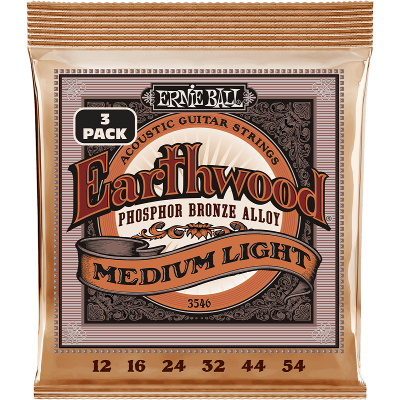 Ernie Ball 3546 - Cordes earthwood phosphore bronze medium light 12-54 - pack de 3