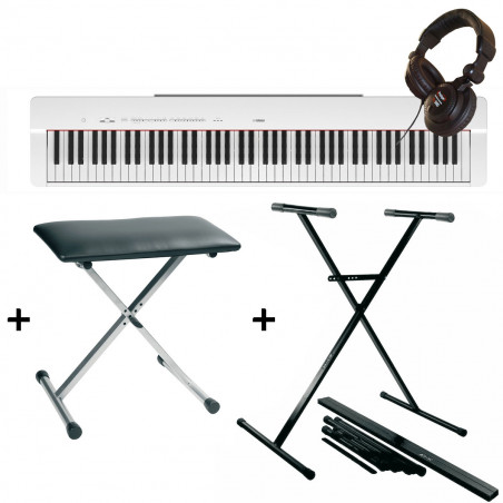 Pack Yamaha P225WH - Piano numérique compact - touché lourd + Stand en X + banquette + casque - 88 touches - Blanc